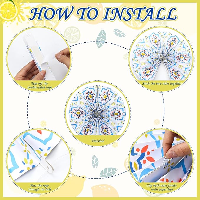Feifeiya 12 Pcs Capri Lemon Hanging Paper Fans 8'' 12'' 16'' Blue and Yellow Capri Lemon Paper Fans Set Round Porcelain Print Hanging Summer Mediterranean Decorations for Birthday Wedding Events Party