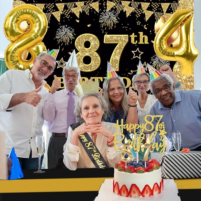 87th Birthday Decorations Men Women with 87th Birthday Banner, Black and Gold Table Cloth, Number Balloons, Sash, Cake Topper and Candles