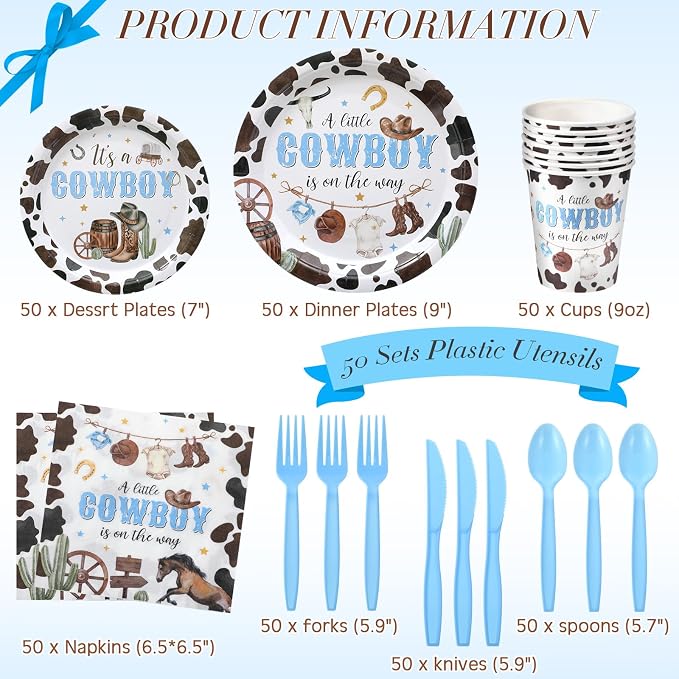 Ziliny 350 Pcs Western Cowboy Baby Shower Party Supplies a Cowboy Is on the Way Baby Shower Paper Plates Napkins Cups Disposable Western Party Tableware Plastic Cutlery Serves 50 Guest