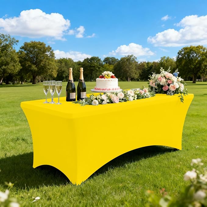 Moosfor Spandex Elastic Fitted 6FT Rectangle Tablecloth 6 Pack, Stretch Washable Reusable Table Cover for Outdoor Picnic, Dining, Wedding, Banquet & Party Events (Yellow, 72Lx30Wx30H Inch)