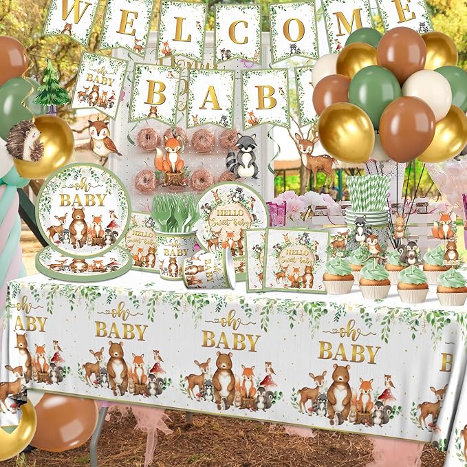 Woodland Baby Shower Decorations,196pcs Woodland Baby Shower Plates and Napkins Cups Sage Forest Animals baby Shower Tablecloth Cake Toppers Balloons for Boy Babys Shower Decorations