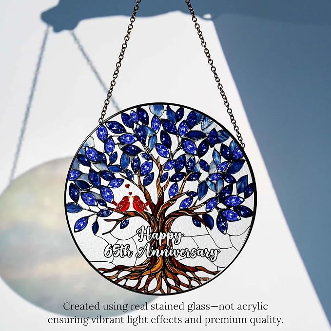 65th Wedding Anniversary Stained Glass Suncatcher, 6x6' Anniversary Decorations, 65th Celebration Marriage Gifts for Parents, Couple, Wife & Husband, 65 Wedding Milestone Keepsake