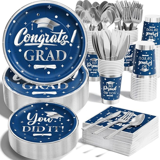 Ecomore Graduation Decoration Class of 2026, 350PCS Graduation Party Supplies for College High School Disposable Dinnerware(Serve 50) with Paper Plates Cup Napkin Fork Knife Spoon (Navy Blue & Silver)