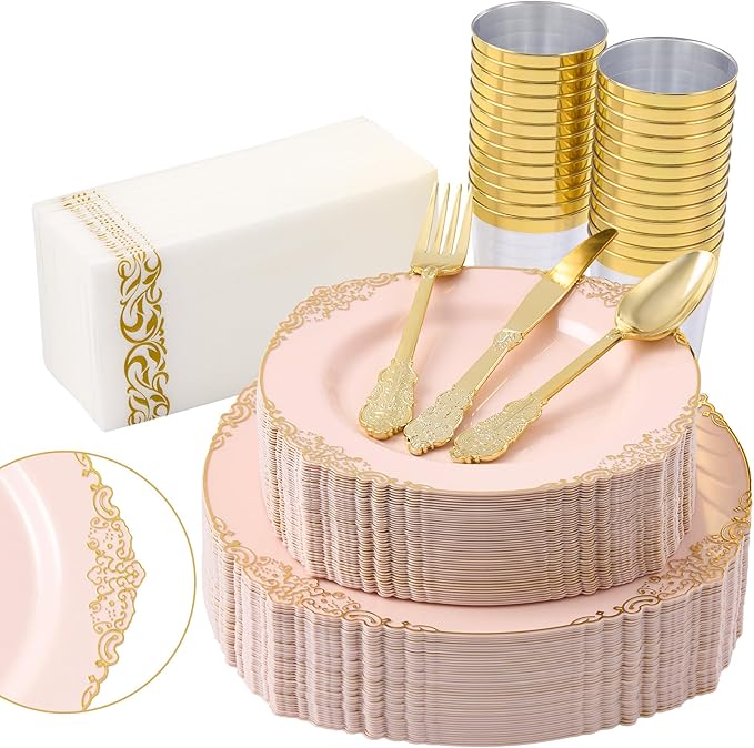 Fijinhom 350pcs Pink Plastic Plates, Elegant Disposable Dinnerware Set, 125 Pieces, White and Gold, Plates, Cups, Cutlery and Napkins (Pink, 50 Guests)