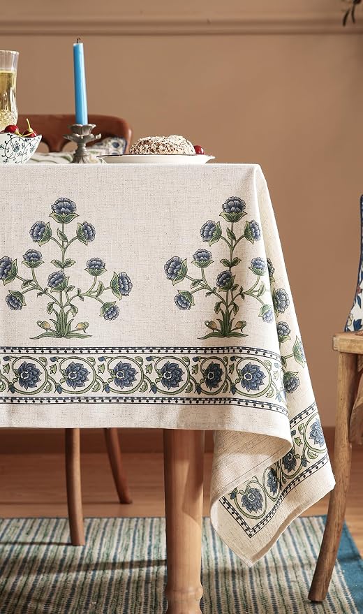 patdrea Vintage French Linen Tablecloth,Square,55"x55"-Ivar B | Elegant Table Cloth for Square Table,Blue and White Floral Patterned,Dining Room,Tea Party,Thanksgiving Decor