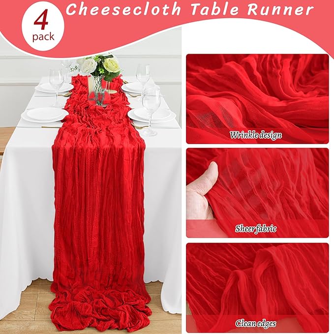 4Pack Red Table Runner 10FT Red Cheesecloth Table Runner 35x120Inch Long Boho Cheese Cloth Table Runners Rustic Gauze Table Runners for Party Christmas Wedding Bridal Baby Shower Decor
