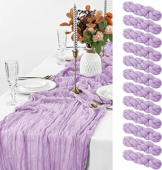 12 Pack Light Purple Table Runner, 10FT Cheesecloth Table Runner Long Romantic Semi Sheer Rustic Boho Gauze Table Runners for Wedding Bridal Shower Birthday Party Decorations(21.5×120 Inch)