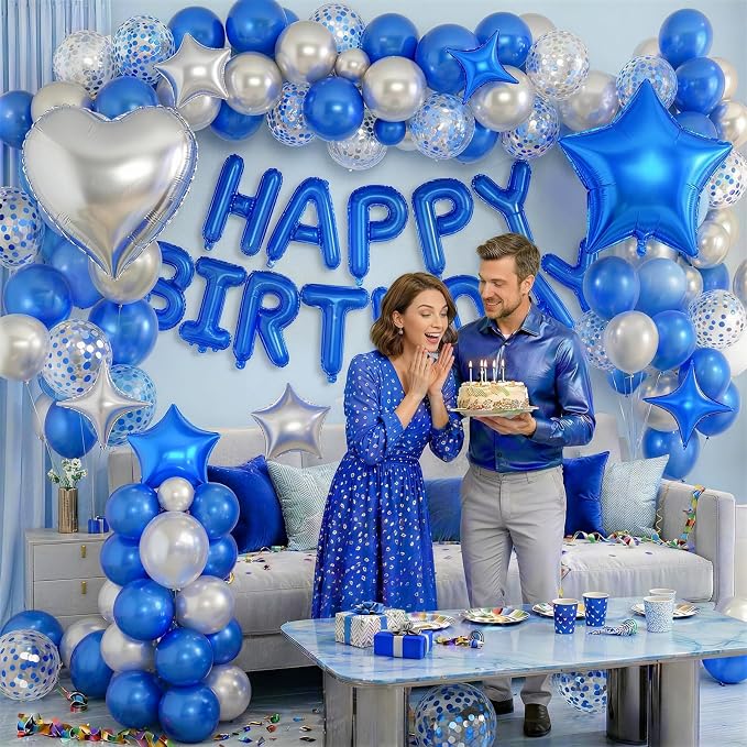 Blue Silver Birthday Decorations for Boys Dark Royal Navy Blue Metallic Silver Confetti Balloon Happy Birthday Banner 18/10 Inch Heart Foil Balloons Star Balloon for Men Bday Party Supplies