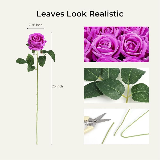 Auihiay 60PCS Artificial Roses, Magenta Roses, Velvet Silk Roses, Realistic Artificial Flowers for Valentine's Day Gift, Wedding Centerpieces & Romantic Home Floral Decor