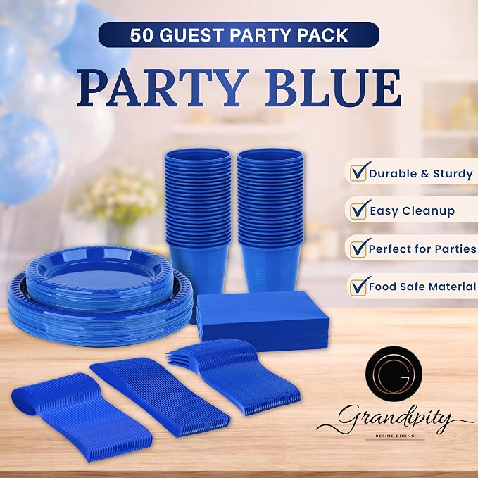 350 Piece BLUE Disposable Dinnerware Set 50 Guests, Plastic Party Plates And Cups And Napkins Sets - 50 Count 9" Dinner Plates, 7" Dessert Plates, 12oz Cups, Paper Napkins, Forks, Knives & Spoons