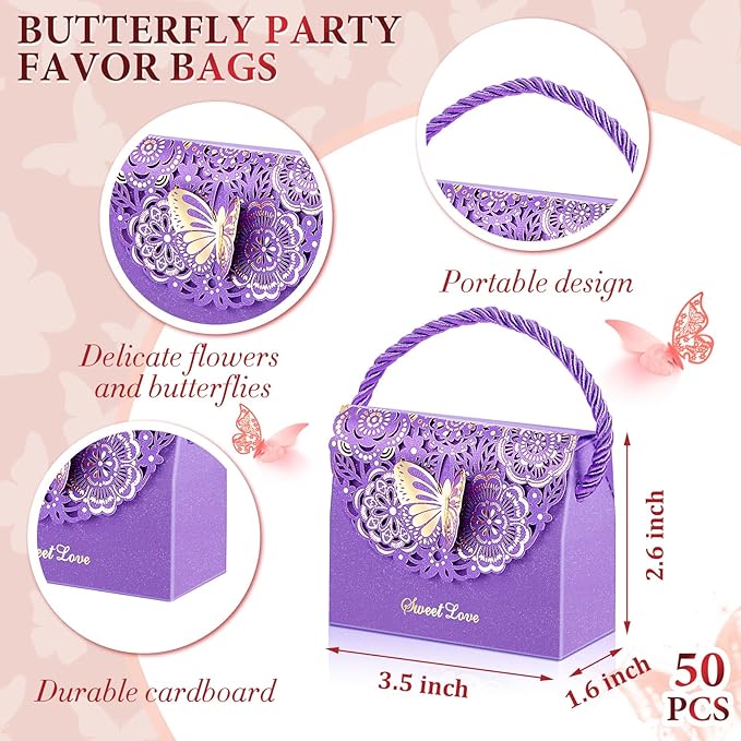 Outus 50 Pcs Butterflies Purse Party Favor Bags Favor Boxes Butterfly Goodie Bags Candy Party Treat Boxes for Wedding, Birthday, Bridal Shower Gift Supplies(Purple)