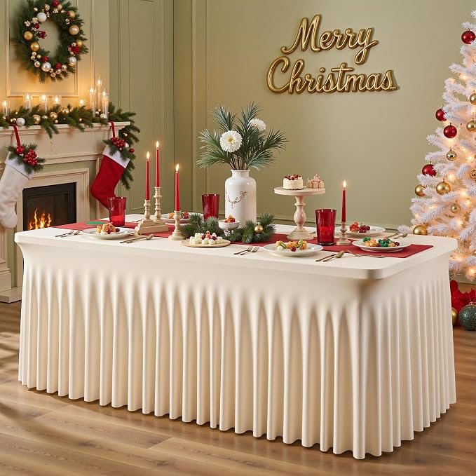 1 Pack Light Champagne Table Clothes for 4 Foot Rectangle Tables, One-Piece Wrinkle Resistant Stretch Spandex Table Covers with Skirt for Event Banquet Wedding Birthday Party