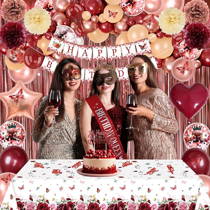 Burgundy Rose Gold Birthday Decorations with Happy Birthday Banner, Balloons, Sash, Crown, Butterfly, Hanging Swirls, Flower Tablecloth, Fringe Curtain, Pompoms for Women Girls Party Backdrop Supplies