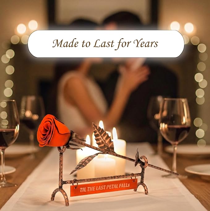 Copper Rose with Orange Bud & Engraved Bronze Plate – 8th & 19th, Personalized Metal Rose, Unique Romantic Gift, Statement Home Decor