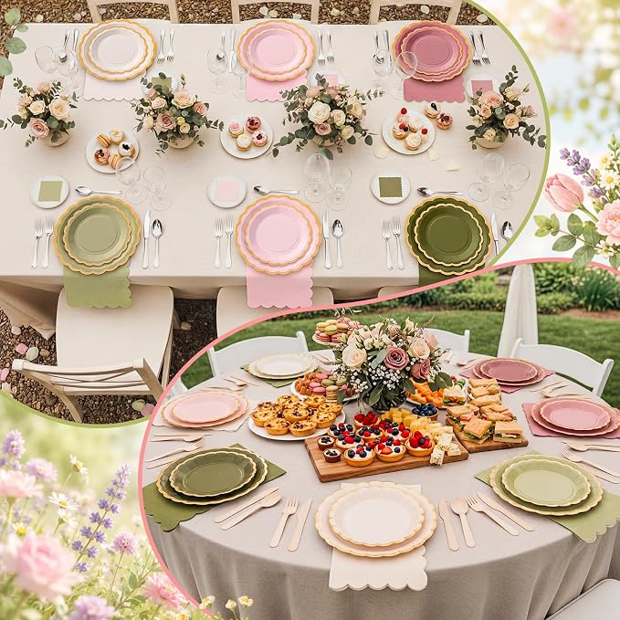 Zhehao 150 Pcs Matcha Plates and Napkins Tableware Serves 50 Includes 9 Inch 7 Inch Dusty Pink and Green Scalloped Wave Edges Paper Plate and Napkins for Wedding Birthday Baby Shower Party