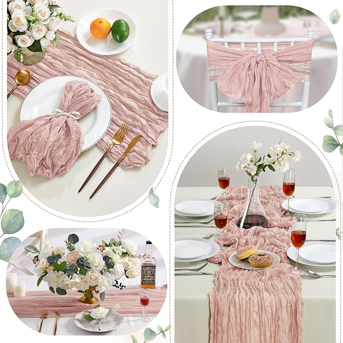 6 Pack Dusty Pink Mother’s Day Cheesecloth Table Runner 10FT Long Boho Gauze Table Runner Rustic Sheer Runner for Spring Wedding Bridal Baby Shower Birthday Holiday Party Table Decor Easter Decor