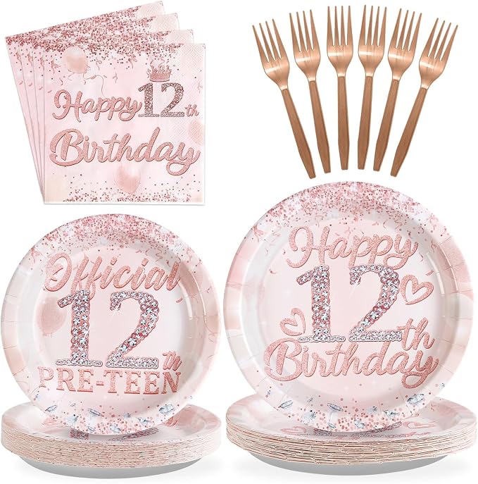 Grencian 12th Birthday Decorations Rose Gold 12th Birthday Plates and Napkins Disposable Rose Gold Official 12 Pre-Teen Paper Tableware Set for Girls 12 Year Old Graduation Party Supplies, Serves 24