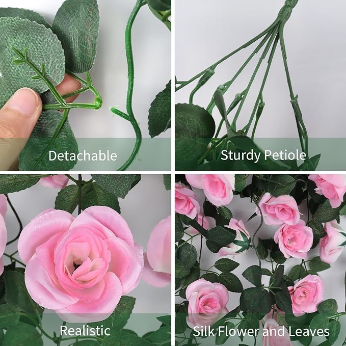 RECUTMS Hanging Flowers Artificial Rose Flower 2PCS 3.3Ft for Outdoors with 30 LED Fairy String Lights Fake Outdoor (Pink)