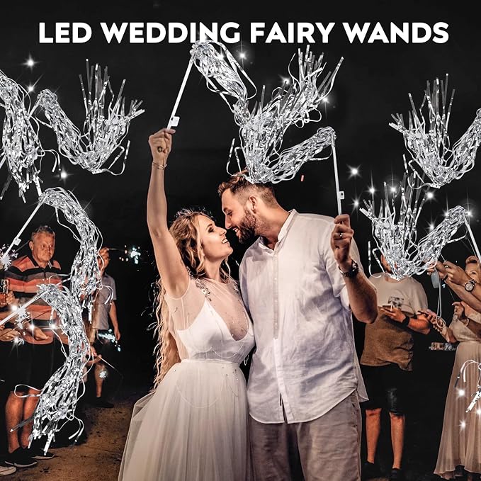 100 pcs Wedding Wands Tinsel, Light up Wand Wedding with LED, Wedding Wand with Light for Wedding Send off, Ideal Props for Weddings, Birthday Parties, Christmas Cheerleading Games (Silver)