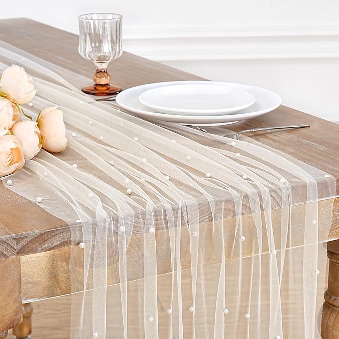 LuoluoHouse Pearl Tulle Table Runner Fabric: Beige 10ft Wedding Veil Seasonal Dessert Chiffon Pearl Lace Boho Overlay Wedding Aisle Runner Party Decorations Doilies