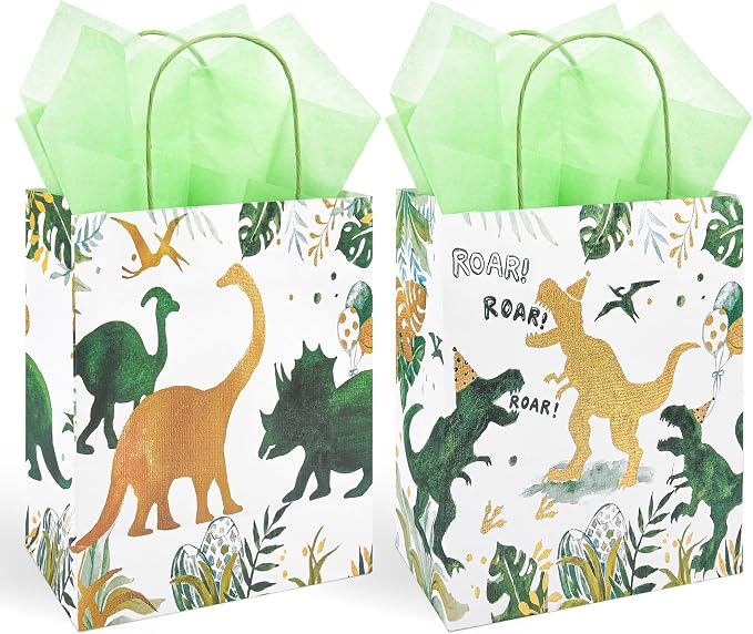 DjinnGlory 36 Pack Medium T-Rex Dinosaur Dino Themed Gift Bags with Handles and Green Tissue Paper for Boys Girls Kids Birthday Party Favors Goodies Treats,10x8x4 Inch (2 Assorted Designs)