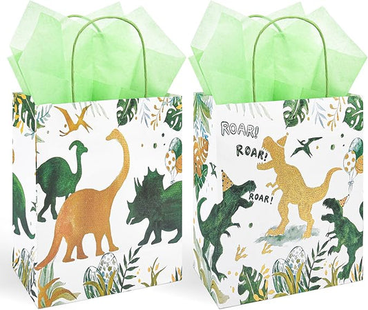 DjinnGlory 36 Pack Medium T-Rex Dinosaur Dino Themed Gift Bags with Handles and Green Tissue Paper for Boys Girls Kids Birthday Party Favors Goodies Treats,10x8x4 Inch (2 Assorted Designs)