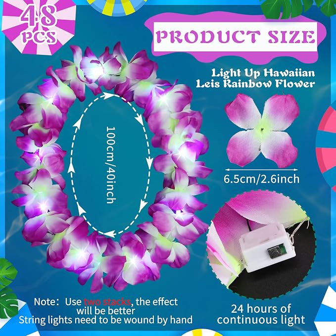 Sherr 48 Pcs LED Hawaiian Leis Light up Flower Leis Necklace with LED Lights Luau Flowers Necklaces for Masquerade Beach Wedding Tropical Themed Party Supplies(Purple)