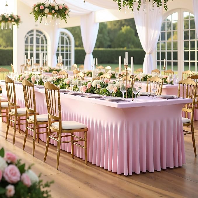 NSSONBEN 6 pk Baby Pink Spandex Tablecloth 6ft with Ruffle Table Skirt, Wrinkle Free Stretchy Fitted Tablecloths for 6 Foot Rectangle Tables, Elastic Spandex Table Covers for Weddings Parties Banquet