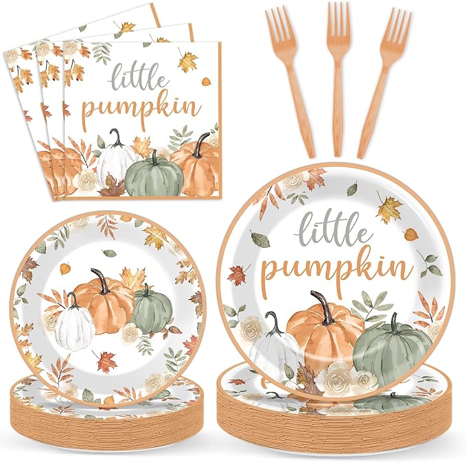 96Pcs Fall Little Pumpkin Baby Shower Party Decoration Set Autumn Lil Pumpkin Plates and Napkins Tableware Set Party Decorations for Baby Shower Fall Thanksgiving Birthday Parties Favors for 24 Guests