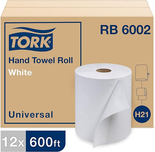 Tork Paper Hand Towel Roll White H21, Universal, 100% Recycled Fiber, 12 Rolls x 600 ft, RB6002