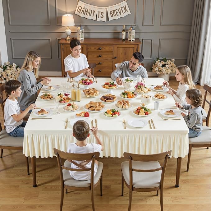 Wish Care Ivory Spandex Tablecloths for 60x60 Inch Square Tables, Stretch Fitted Table Clothes with Pleated Ruffle Skirt for 60” Table, Wrinkle Free and Elastic, for Party Kitchen Home Dining