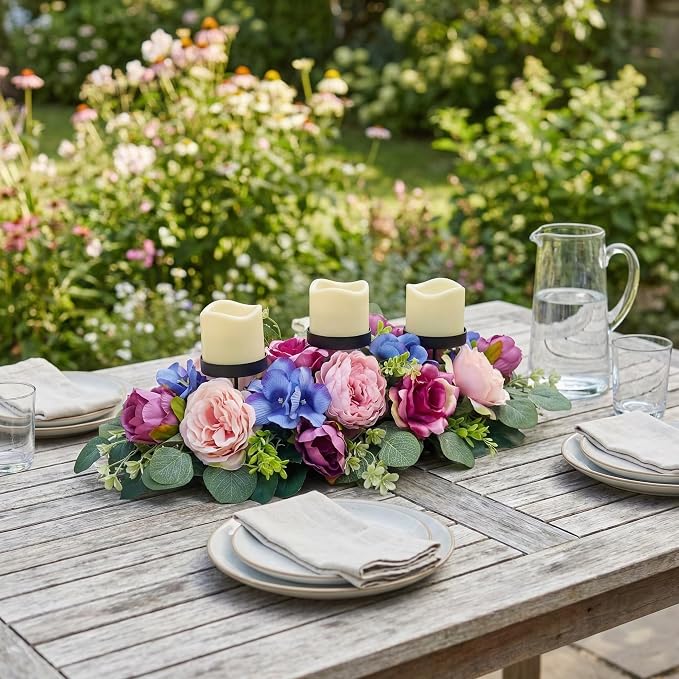 Svndlyn 25" Spring Summer Floral Candle Holder Centerpiece for Table Decor | Triple Candle Cups with Pink Roses, Blue Blooms and Greenery for Table and Summer Decor