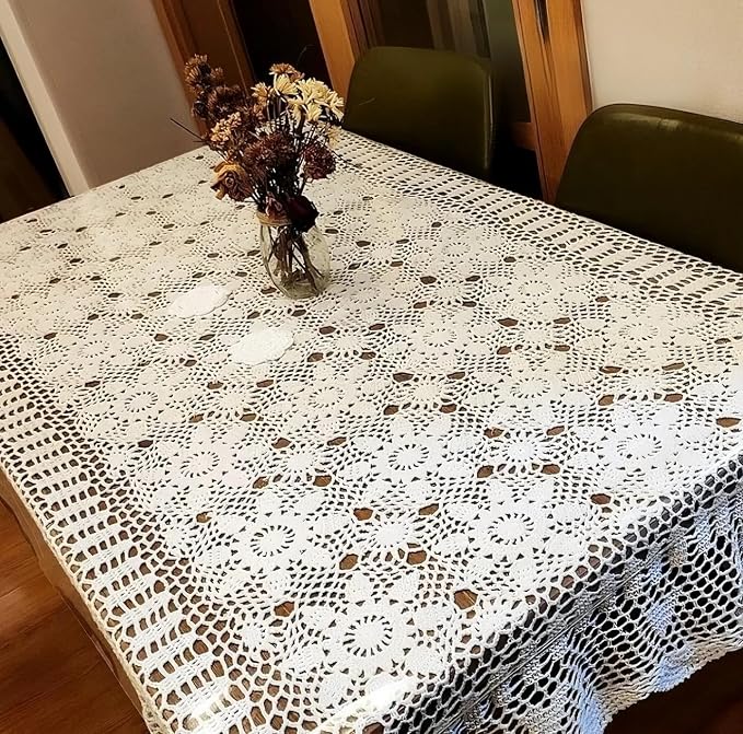 USTIDE Handmade Crochet Lace Tablecloth Cotton Crochet. Ecru 63"X 43" Rectangle Crocheted Table Covers for Tea Table Dressers