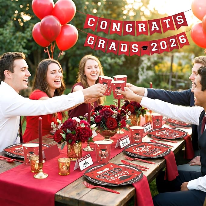 Funnymoom 400 Pcs Graduation Party Supplies Class of 2026 Graduation Paper Plate Napkin Cup Cutlery Congrats Grad Disposable Tableware Set for Grad Party Decorations, Serve 50 (Red, Black)