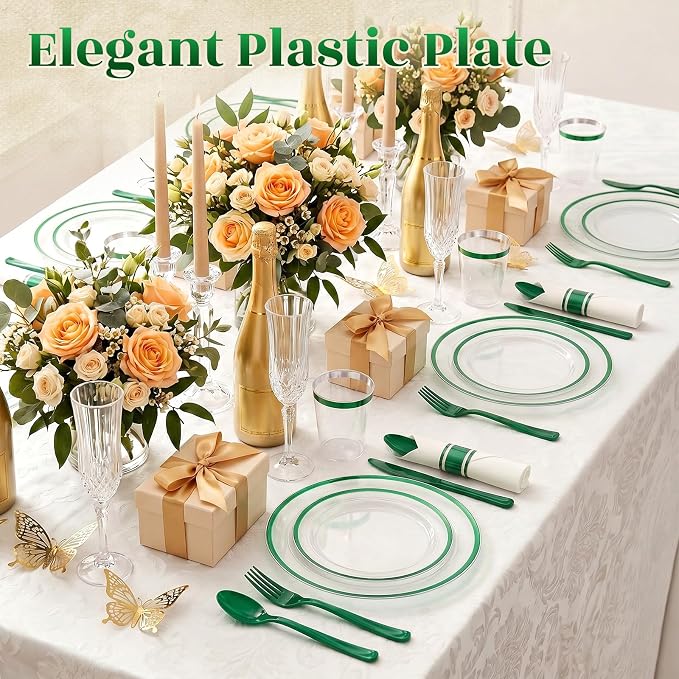 175pcs Plastic Plates for Party Clear & Green | Disposable Plastic Dinnerware Set for 25 Guests Include 50 Plastic Plates,25 Cups & 25 Pre Rolled Napkins with Cutlery Set