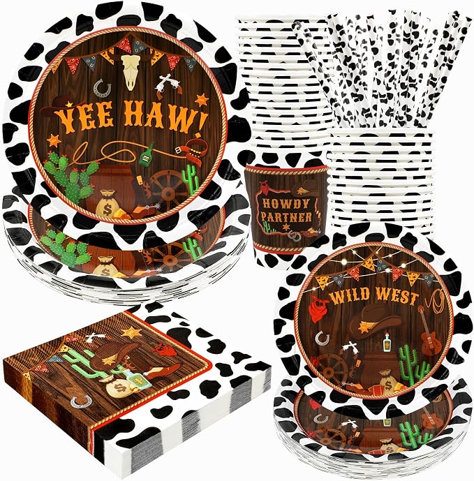 Recheel Western Birthday Party Supplies Decorations, Cowboy Wild West Theme Birthday Paper Plates and Napkins Set with Cups and Straws for 24 Guests, 120 Pcs Disposable Party Dessert Dinnerwares