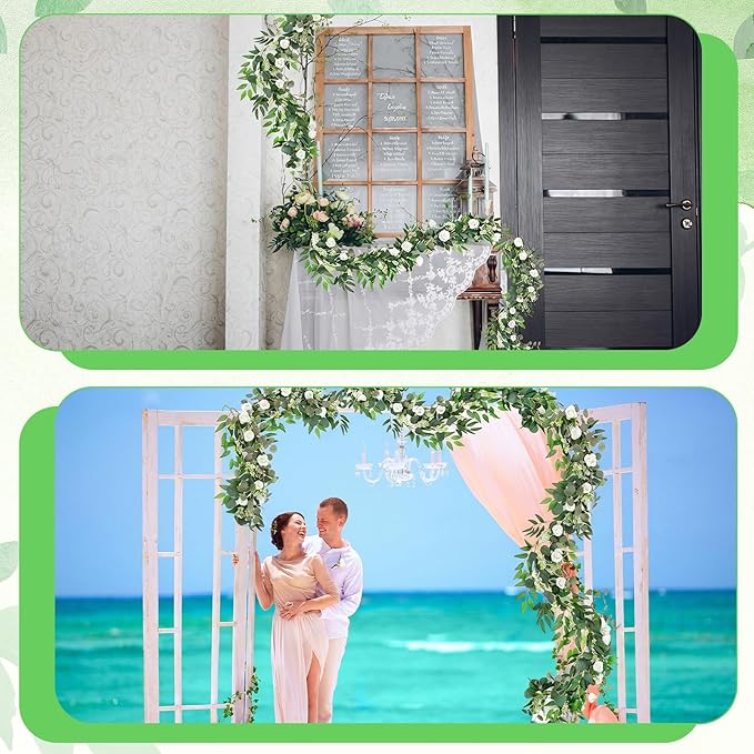 2 Pack Garland Set, 6 ft Artificial White Rose Eucalyptus Garland with Willow Leaf Vine, Summer Garland Faux Greenery Decor for Wedding Arch, Table and Home Decoration