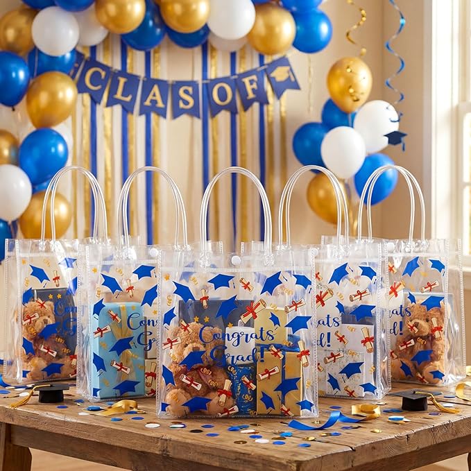 Supervitae 36 Pcs Graduation Gift Bags Bulk Clear Congrats Grad Goodies Bag with Handle Treats Tote for School Class 2026 End of Year Party Supplies, 8 x 8 x 3.15 Inch