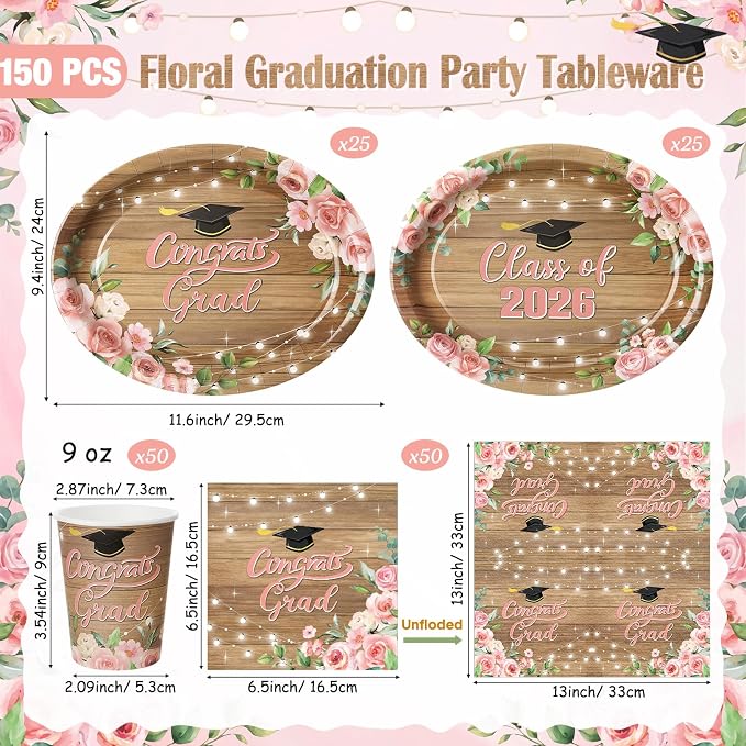 Vesici 150 Pcs Class of 2026 Graduation Party Supplies Floral Graduation Oval Paper Plate Napkin Cup 10'' x 12'' Rustic Heavy Duty Disposable Tableware Set for 2026 Congrats Grad Party Decorations