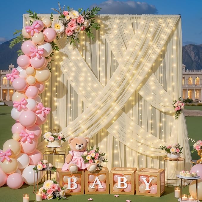20×15ft Champagne Tulle Backdrop Curtain with Lights String for Parites Sheer Fabric Backdrop Curtains for Wedding Baby Shower Birthday Party Backdrop Drapes Photo Shoot Background 4 Panels 5ft×15ft