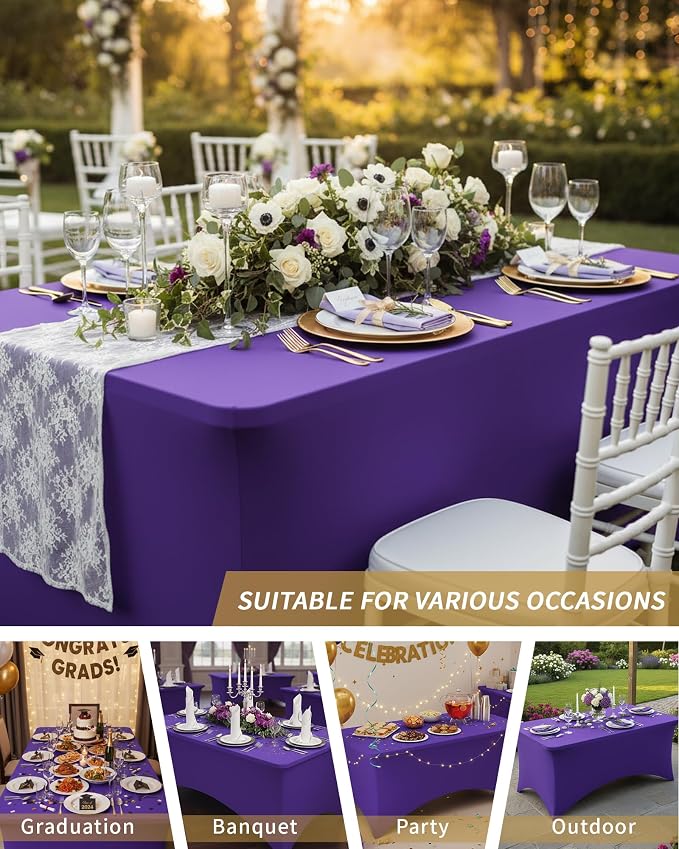 Fixwal 6 Pack 6Ft Purple Table Cover, Spandex Fitted Tablecloths Rectangle, Wrinkle-Free and Stretch Folding Table Cloth for Banquet, Wedding, Party, Trade Show