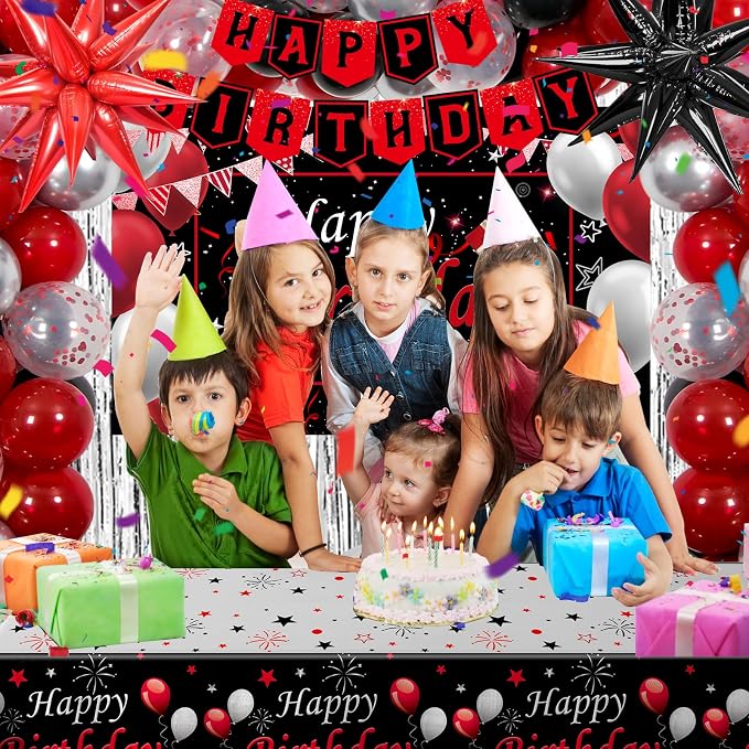 Red Black Birthday Decorations for Men Women Boys Girls, Red and Black Birthday Party Decorations with Happy Birthday Backdrop Banner Tablecloth Foil Curtain Star Balloon Arch, Red Party Supplies