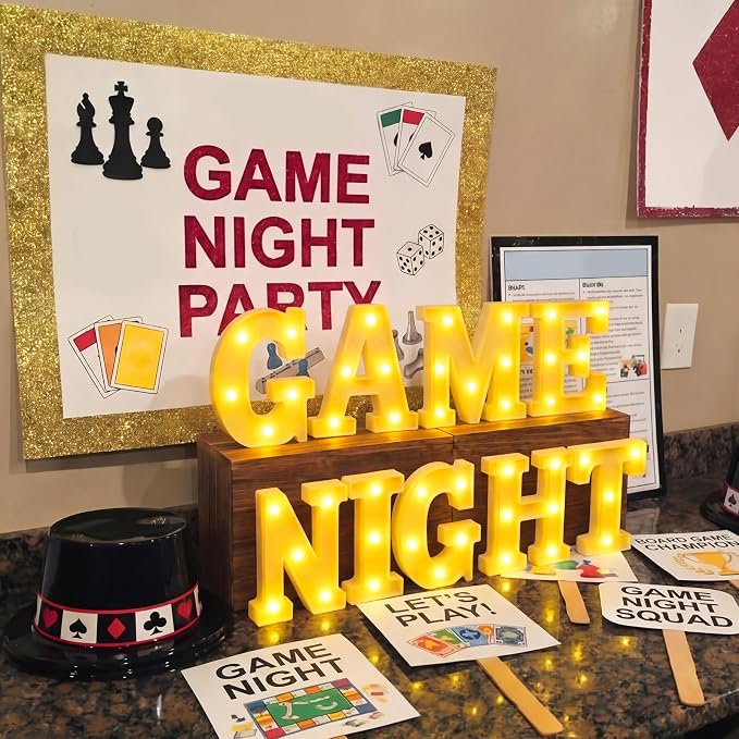 Honoson 9 Pcs Casino Theme Party Decorations Game Night Lights up LED Table Sign Decor for Game Birthday Casino Night Playing Card Family Party Supplies