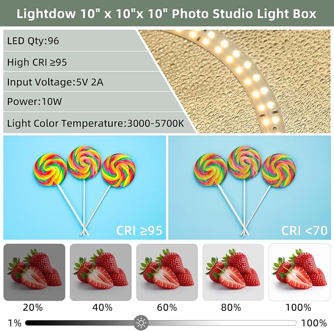 Lightdow 10"x10"x10" Photo Studio Light Box Photography with 96 LEDs (CRI>95), 6 Backdrops - Portable/Dimmable/Versatile Folding Shooting Tents for Toys/Jewelry/Watches/Cosmetics Photography