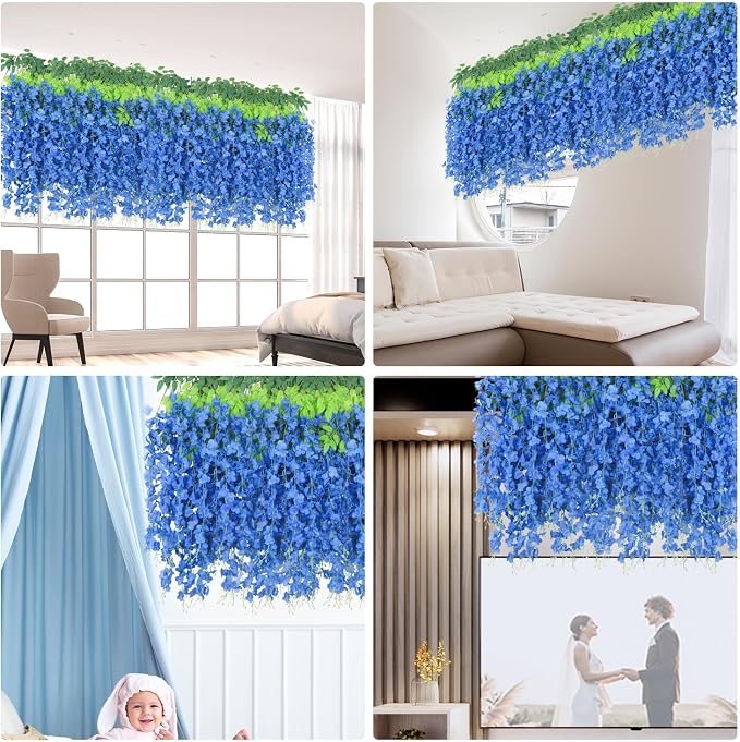 LELEE 25 Pcs Artificial Wisteria Hanging Flowers 3.6ft Royal Blue Fake Hanging Flowers Garland Silk Flowers Rattan String Faux Wisteria Vine for Wall Home Wedding Party Arch Greenery Backdrop Decor