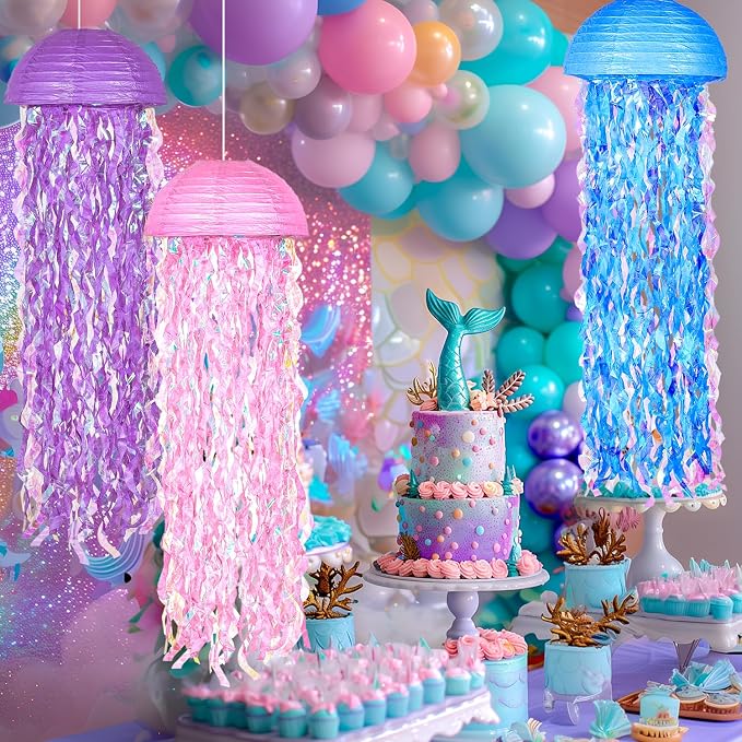 OBXT 10" Mermaid Jellyfish Lanterns – Pink Purple Blue Decorations for Ocean Princess Birthday Party, Under the Sea Theme, Baby Shower, Ocean & Beach Room Hanging Decor (Set of 6)