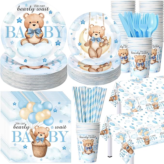 Funnymoom 452 Pcs 50 Guests We Can Bearly Wait Baby Shower Decorations Boy, Blue Baby Boy Shower Paper Plates Napkins Cups Tablecloth Cutlery Straws Tableware Set for Gender Reveal Party Supplies