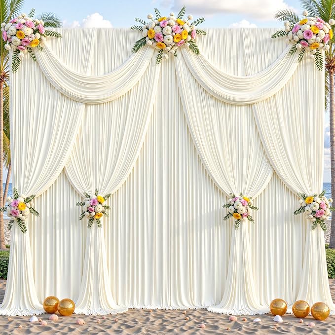 2 Panels Ivory Backdrop Curtains - Wrinkle Free Fabric Backdrop Curtain for Photoshoot, 10FT Wedding Party Photo Backdrop Drapes for Birthday Baby Shower Photography Stage Background Decorations
