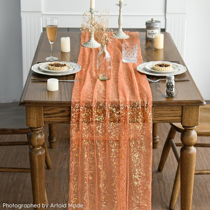 Artoid Mode 10PCS Orange Gold Gauze Table Runner 120 Inch 10FT, Glitter Metallic Foil Sheer Dining Wedding Anniversary Holiday Table Decor for Home Party