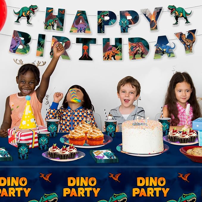 202 Pcs Dinosaur Birthday Party Supplies for 25 Guests – Complete Dino Tableware Set with Plates, Cups, Napkins, Cutlery, Straws & Tablecloth plus Bonus Checkers Game Party Decorations